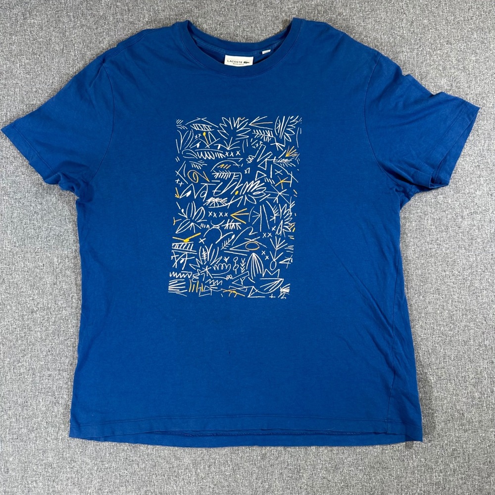 Lacoste Mens XXL Blue Graphic Print T-Shirt Regular Fit Cotton Short Sleeve Tee